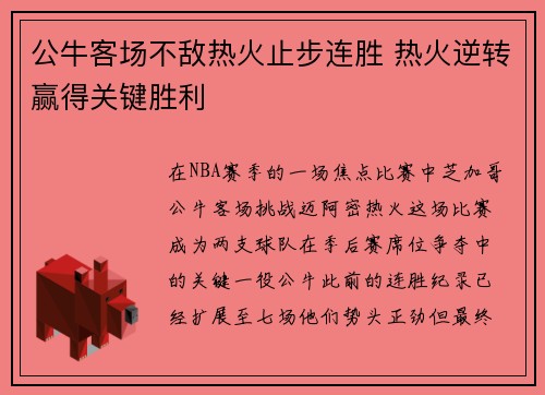 公牛客场不敌热火止步连胜 热火逆转赢得关键胜利