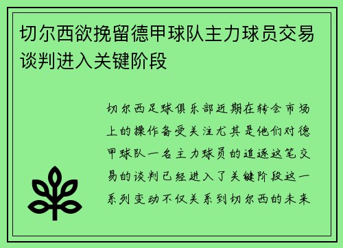 切尔西欲挽留德甲球队主力球员交易谈判进入关键阶段