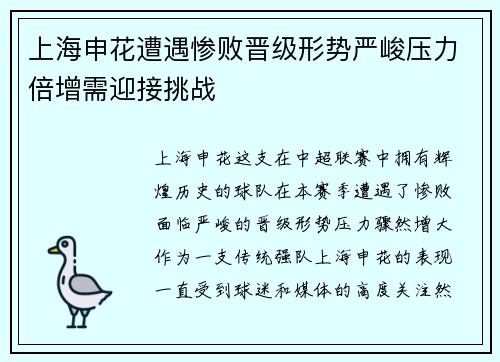 上海申花遭遇惨败晋级形势严峻压力倍增需迎接挑战