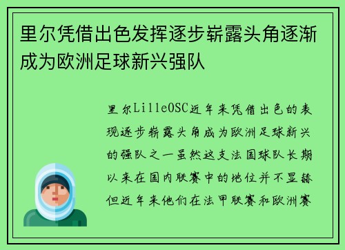 里尔凭借出色发挥逐步崭露头角逐渐成为欧洲足球新兴强队